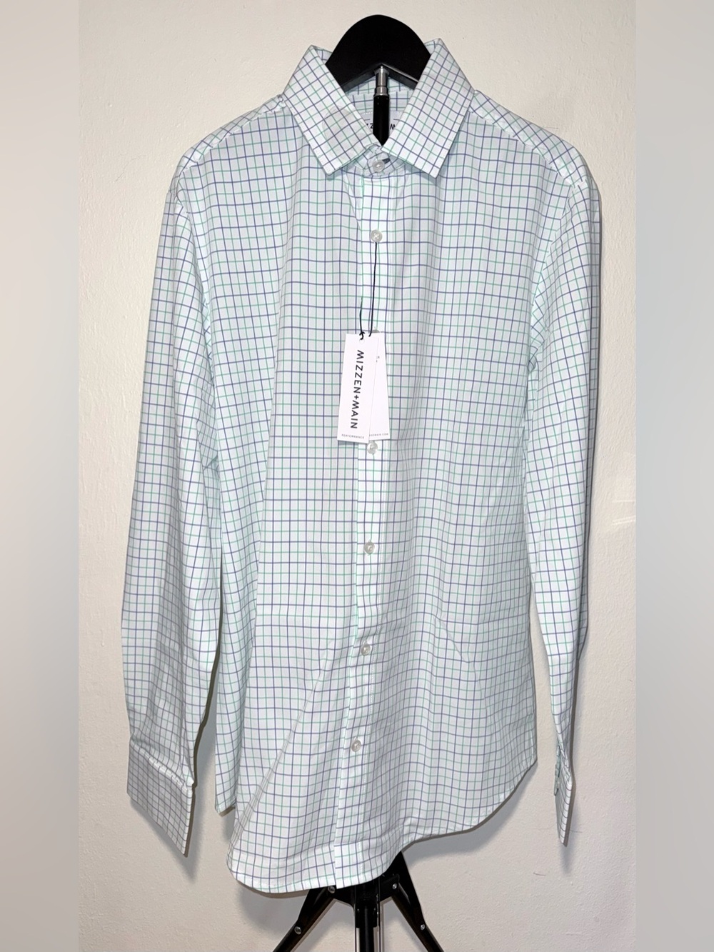 Mizzen+Main Men’s Light Green and White Checked Dress Shirt, size M, NWT